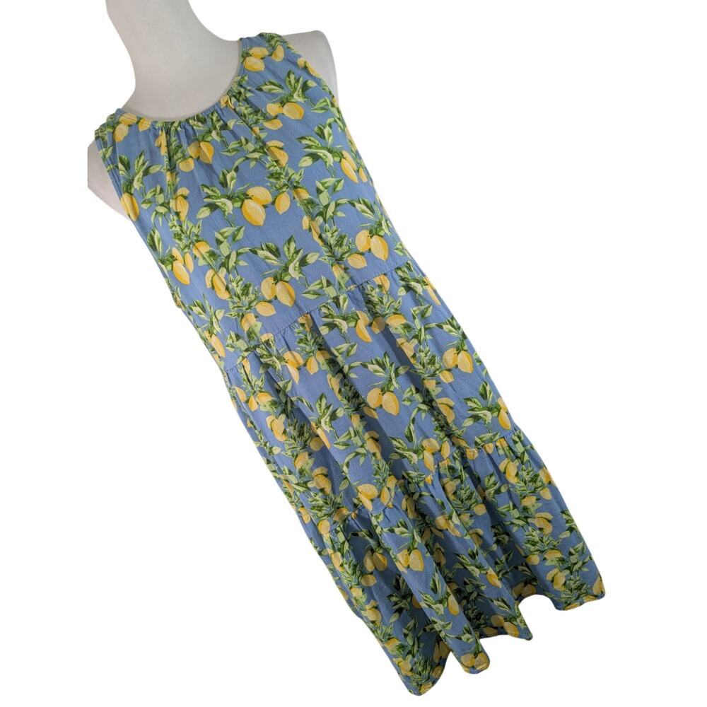LOFT! LINEN BLEND! BABY BLUE, YELLOW & GREEN LEMON BLOSSOMS TIERED DRESS! SIZE L